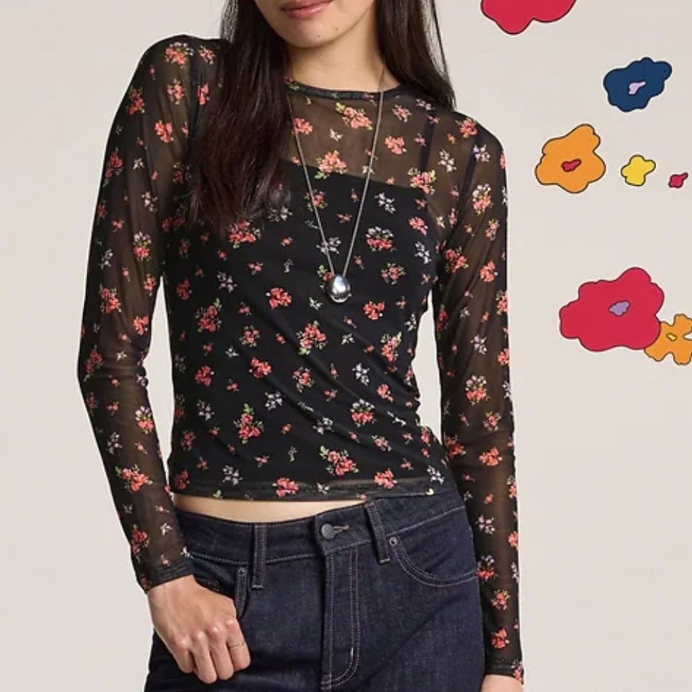 Old Navy X Anna Sui Y2K Sheer Mesh Floral Top Black Longsleeve  Tank Under
